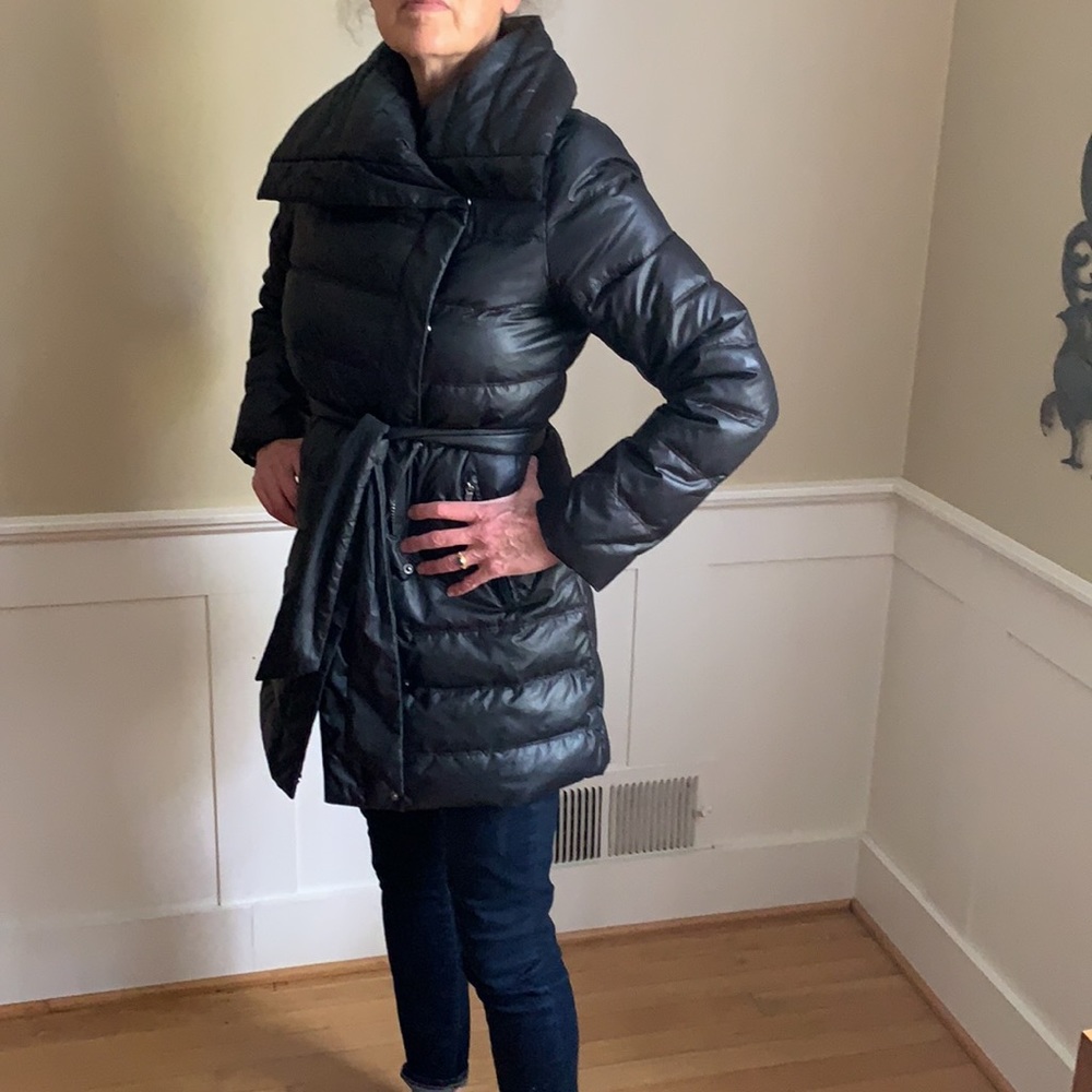 Puffy winter jacket. Side pockets. Tied waist and front zipper and snaps. Warm! - Picture 2 of 3